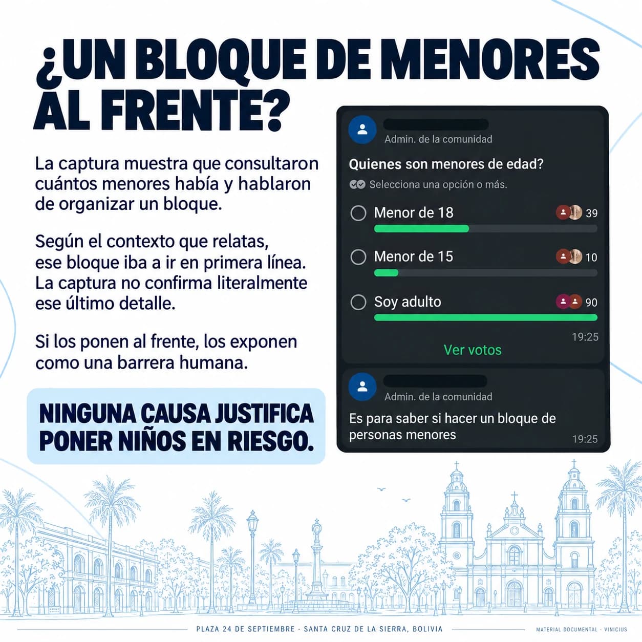 Capturas de una encuesta sobre menores de edad y un mensaje acerca de organizar un bloque de personas menores.
