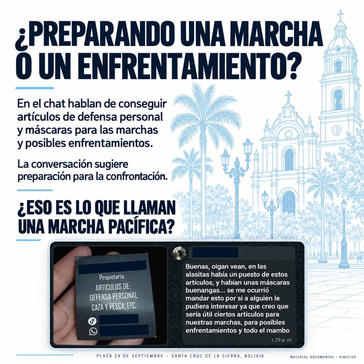 Lámina con captura de un mensaje sobre artículos de defensa personal, máscaras y posibles enfrentamientos.