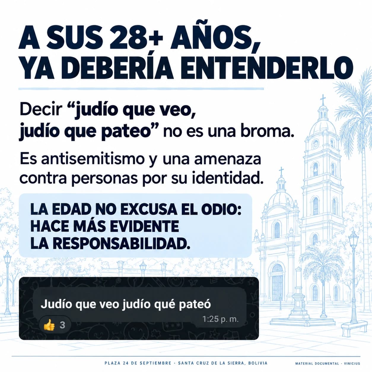 Lámina que denuncia una frase antisemita reproducida en una captura de chat.