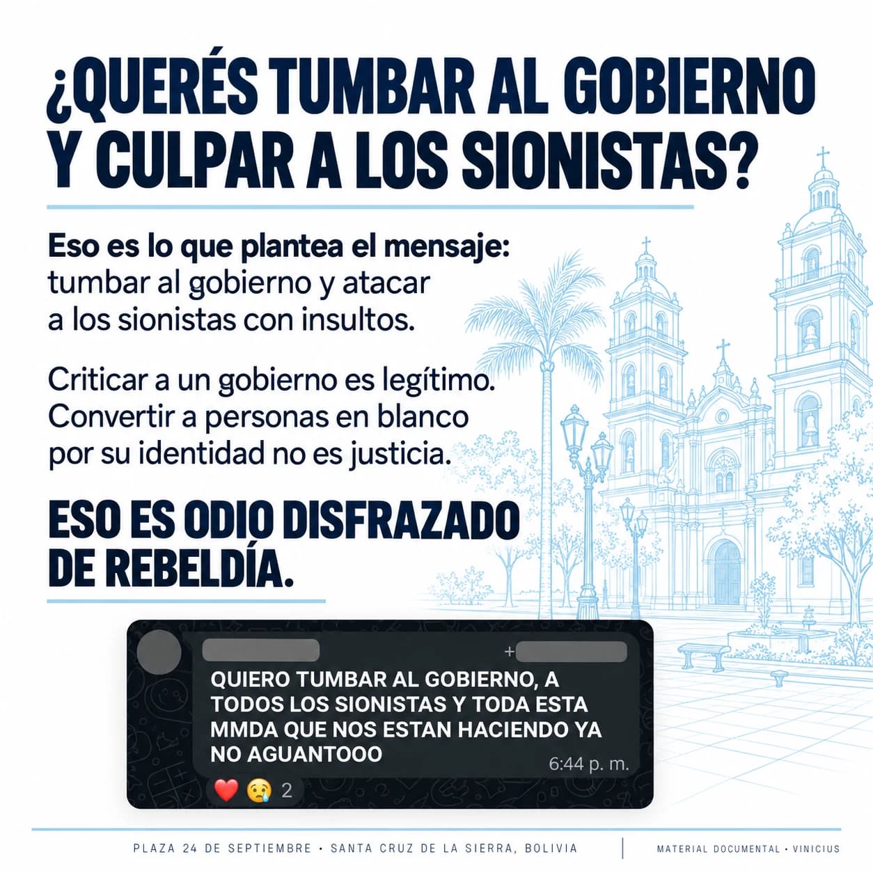 Lámina con un mensaje sobre el gobierno y los sionistas, seguida de una valoración editorial.
