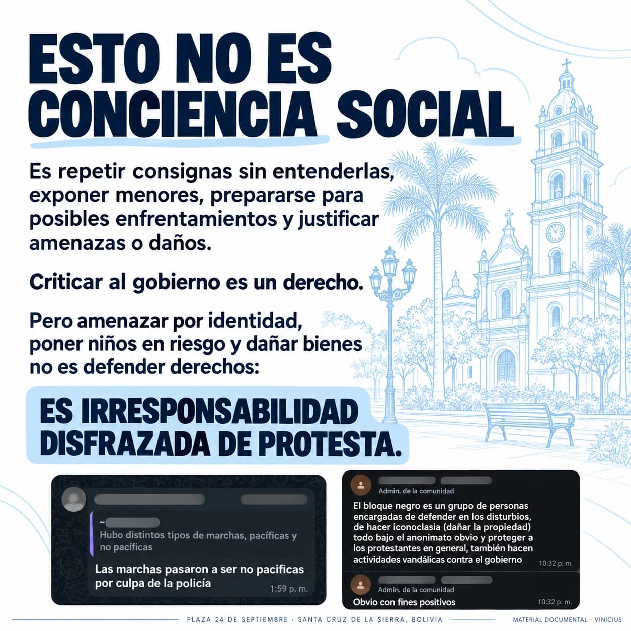 Lámina final sobre responsabilidad en las protestas, con capturas de conversaciones mencionadas en la serie.